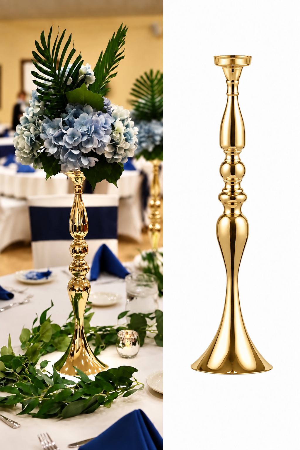 19.7-inch gold centerpiece stand with a sculpted metal stem and flared base, pictured beside a decorated banquet table with flowers.