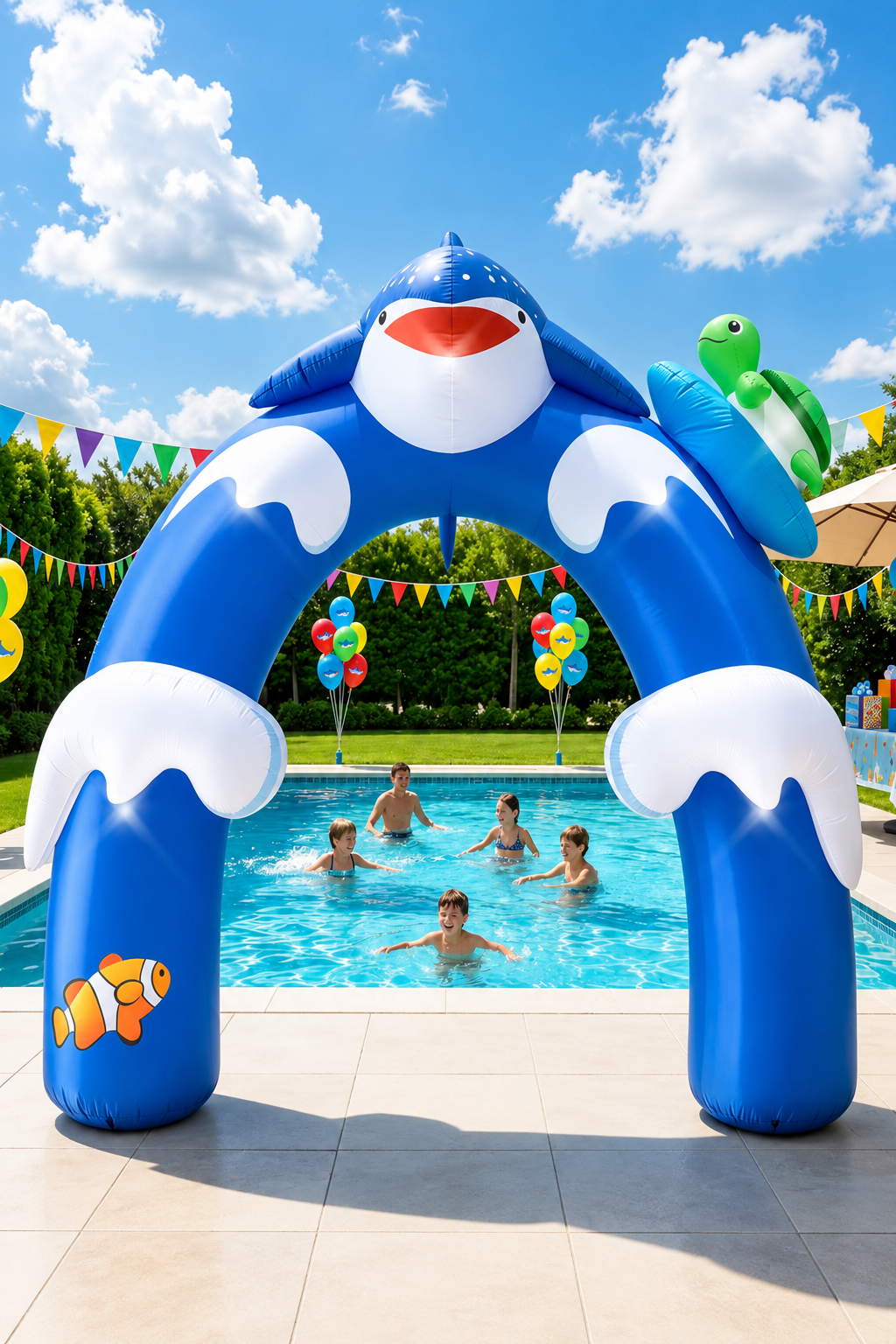 Blue inflatable ocean-themed arch featuring a smiling whale, sea turtle, and tropical fish set beside a swimming pool with children playing, perfect for pool parties, beach-themed events, birthdays, and summer celebrations.