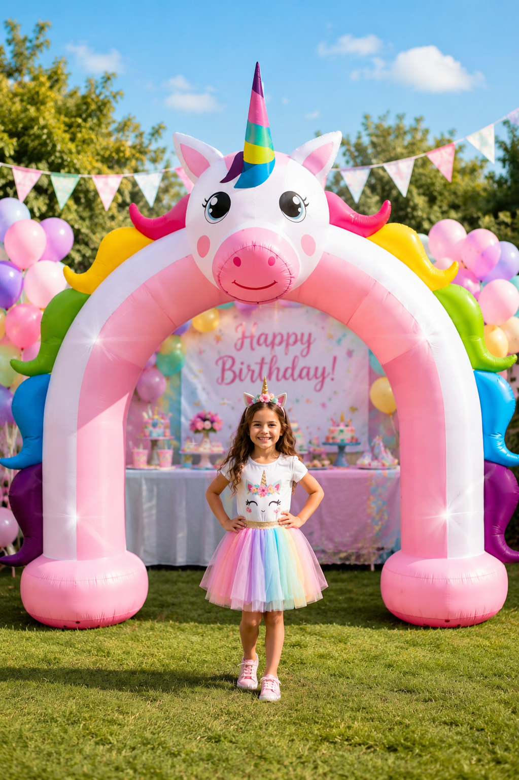 Large pastel unicorn inflatable entrance arch at a girl’s birthday party, featuring a smiling unicorn head, rainbow mane, colorful balloons, and a birthday dessert table.