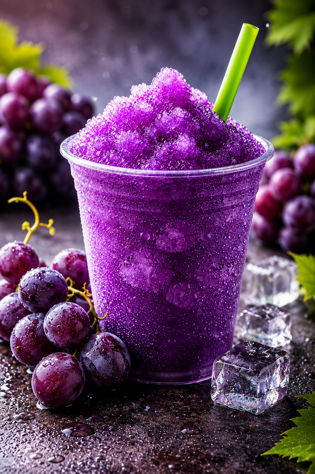 Grape slushy in a clear plastic cup, filled with vibrant purple crushed ice and a green straw, surrounded by fresh grapes and ice cubes on a dark, moody background.