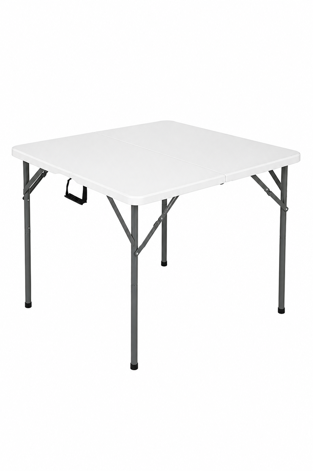 White 34-inch square folding card table with metal legs on a clean white background.