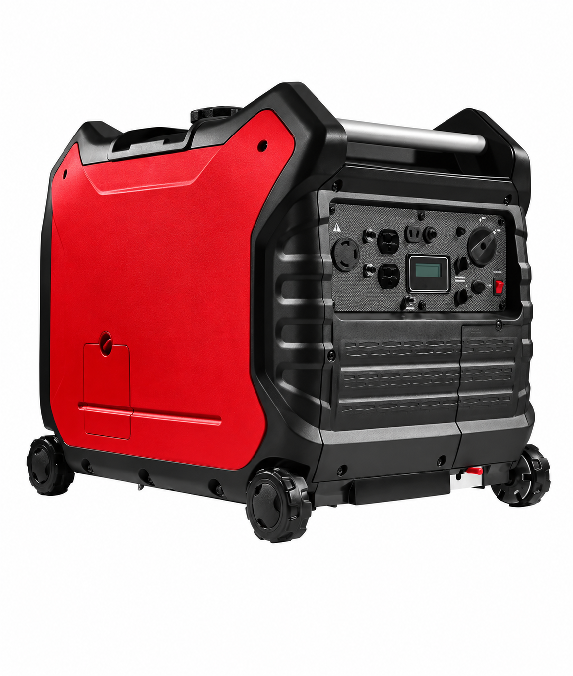 Red and black portable inverter generator with built-in wheels, a silver handle, and a front control panel on a white background.