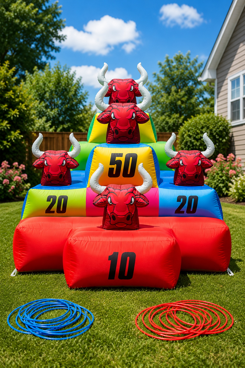 Giant inflatable ring toss game with colorful scoring targets and bull horn pegs on a grassy lawn for parties, carnivals, and corporate events.