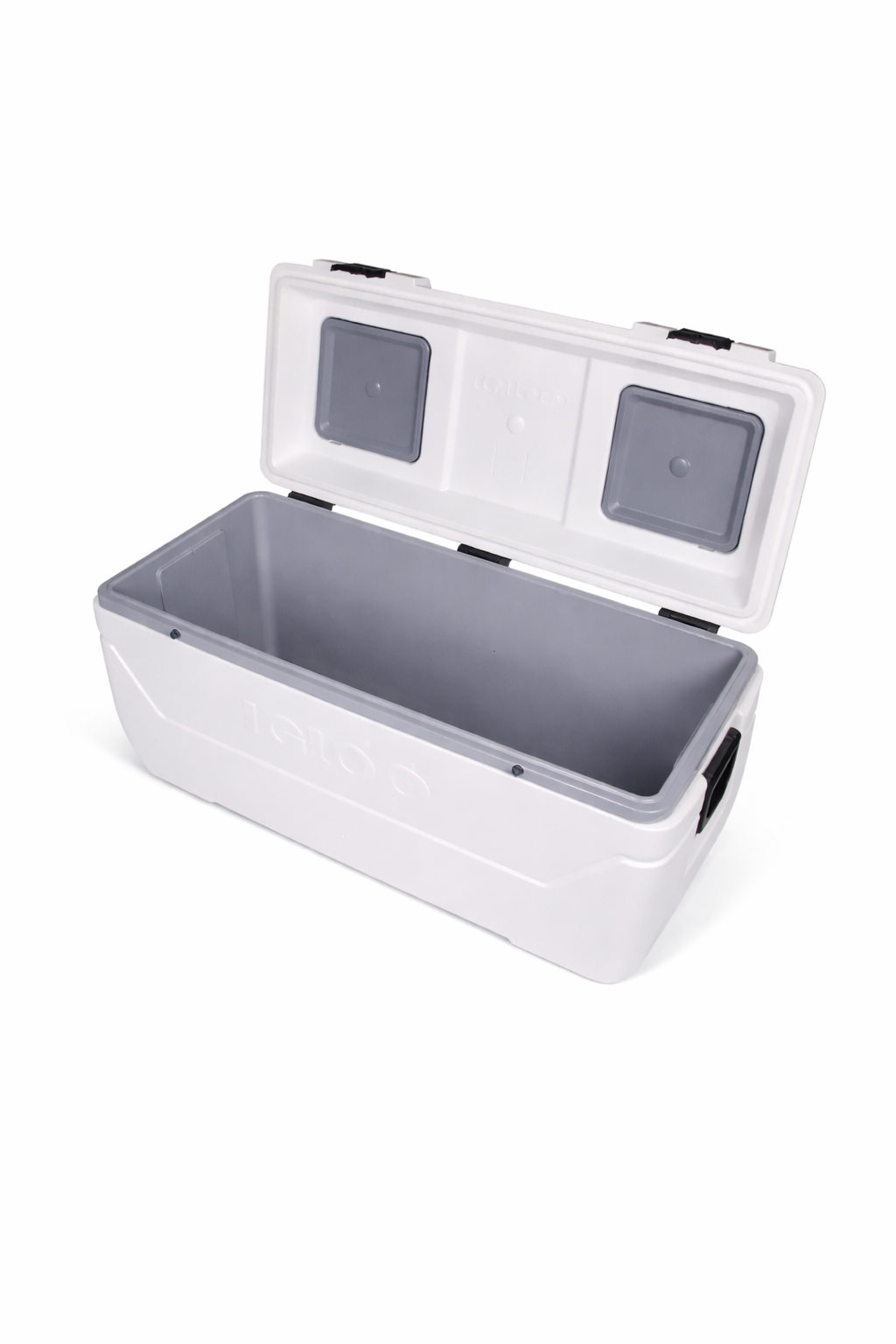 Large white Igloo cooler with open lid for storing ice and beverages, ideal for weddings, parties, catering, and outdoor events.