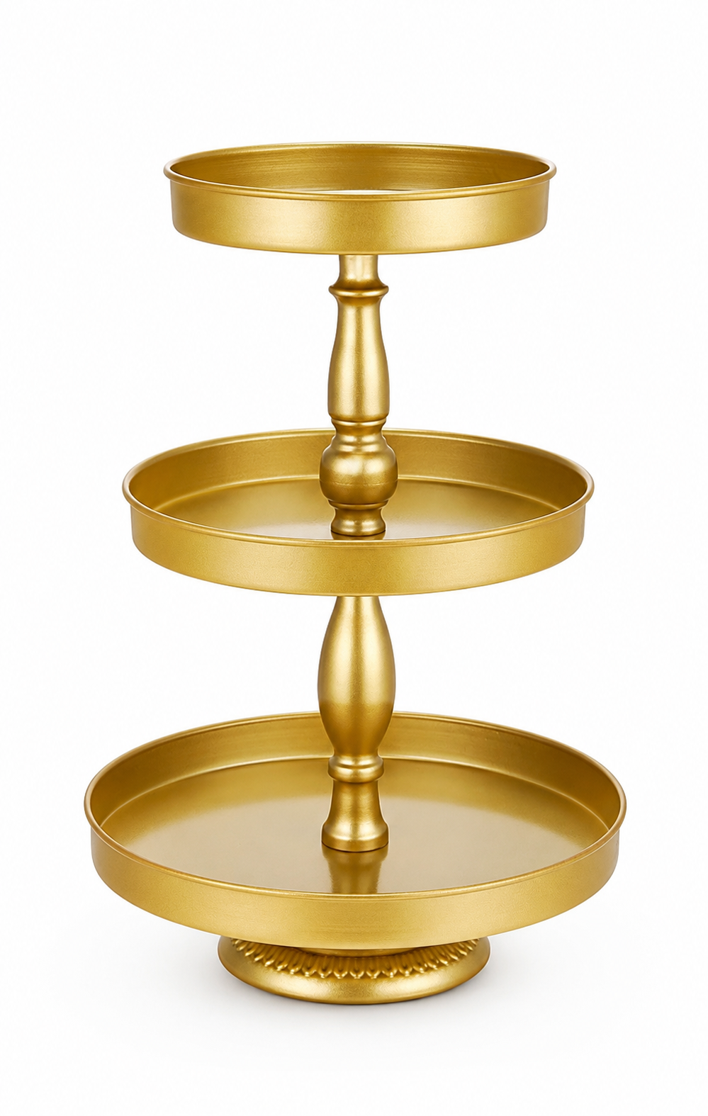 Gold three-tier metal serving stand with round trays displayed on a clean white background, ideal for showcasing cupcakes, desserts, appetizers, or event décor.