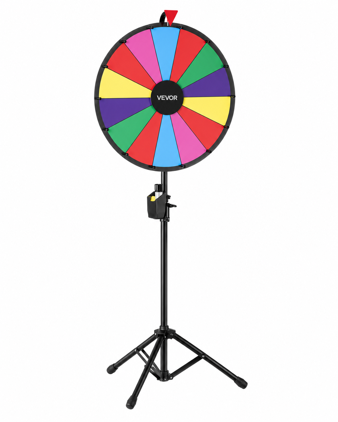 Colorful 14-section prize wheel displayed on an adjustable black tripod stand.