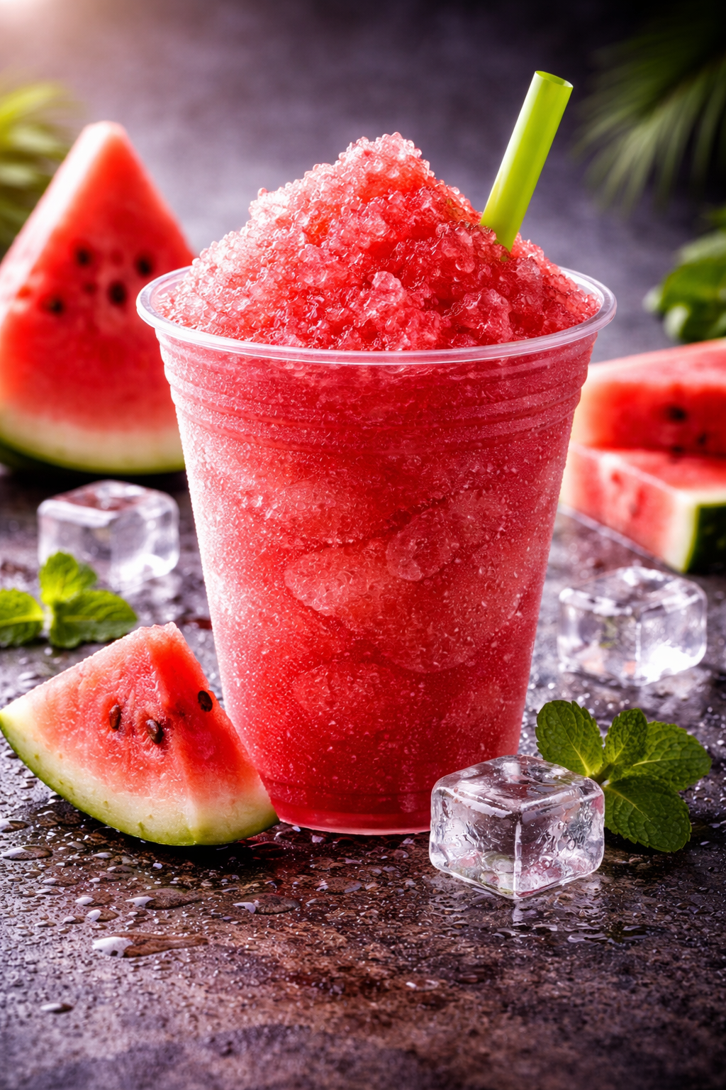 Watermelon slushy in a clear plastic cup, filled with bright red crushed ice and a green straw, surrounded by fresh watermelon slices, mint leaves, and ice cubes on a dark, moody background.
