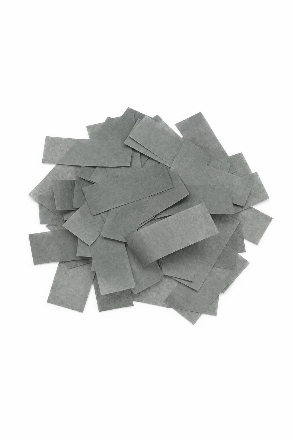 Gray rectangular tissue paper confetti pieces for confetti machine rentals and event celebrations.