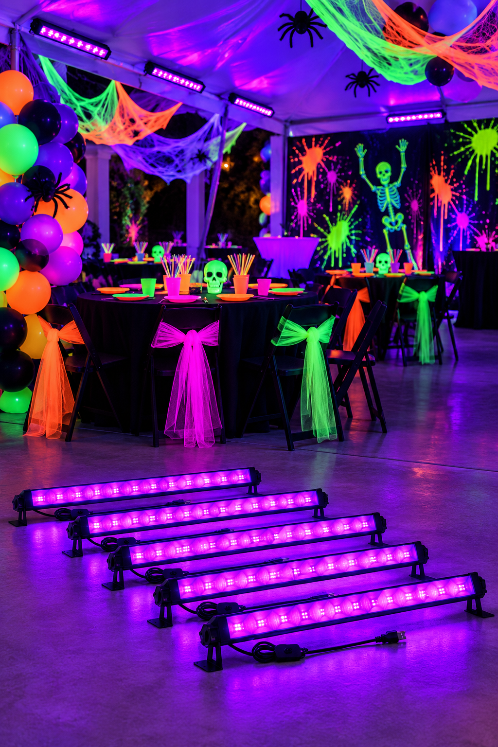 Spooky Halloween party illuminated by six purple black light bars, featuring neon decorations, glowing balloons, spiderwebs, skeletons, and colorful party tables.