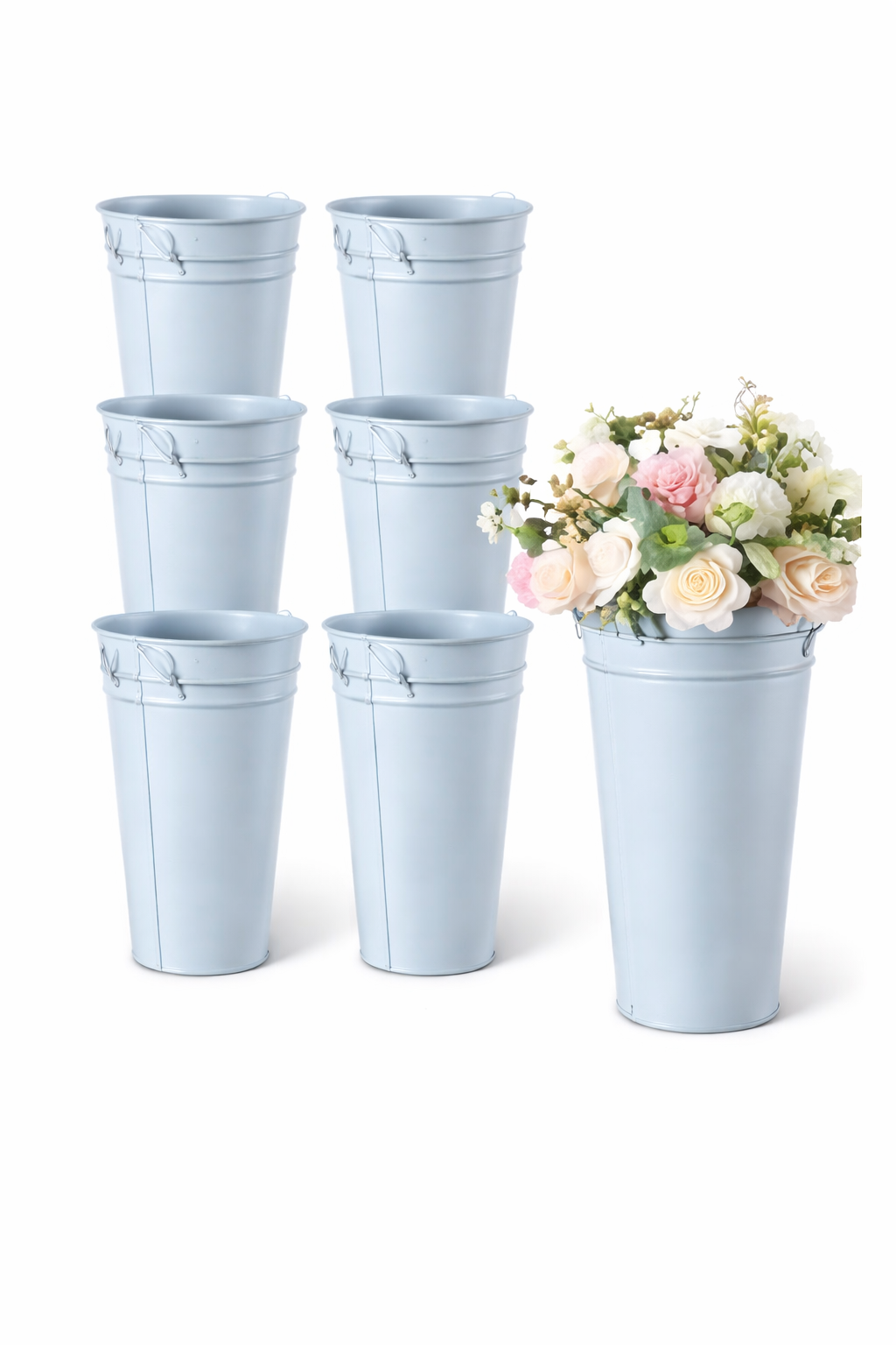 Set of dusty blue galvanized metal flower buckets with handles, perfect for floral arrangements, wedding decor, flower bars, and event centerpieces.
