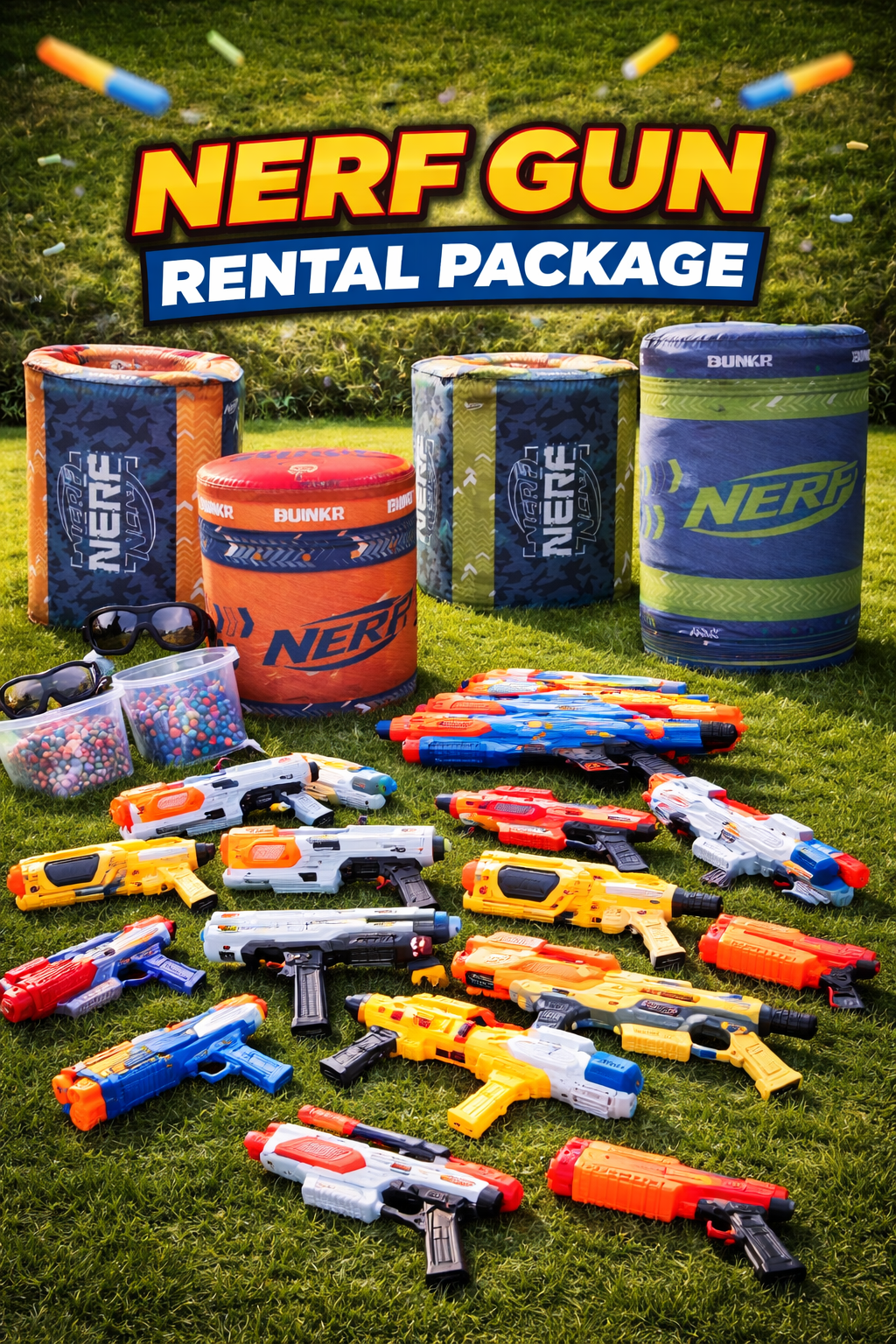 Nerf battle rental package with 12 blasters, foam darts, and inflatable barriers set up on grass for party events