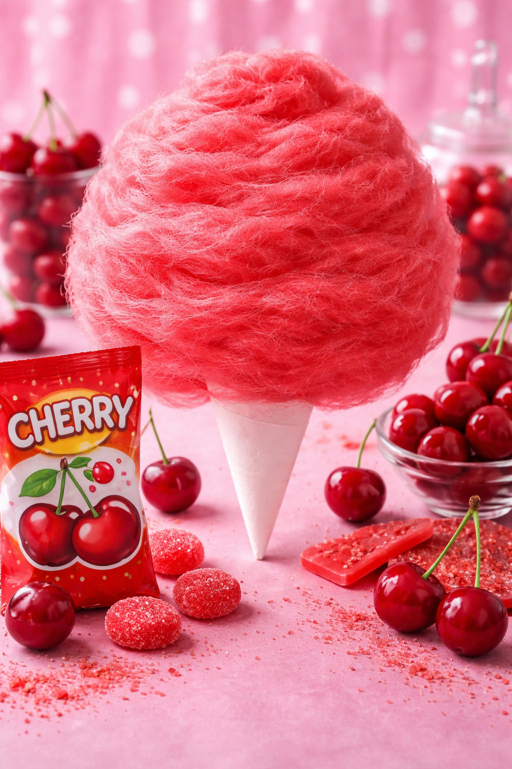 Cherry cotton candy on a cone with fresh cherries and red candy accents, vibrant dessert display