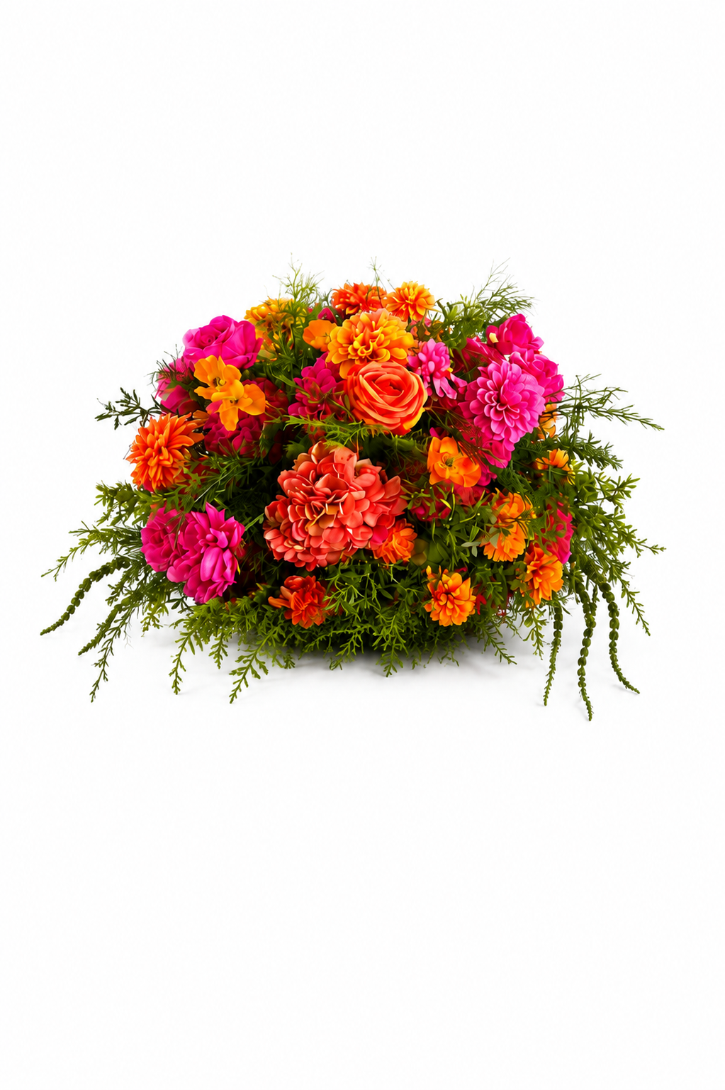 Pink and orange arrangement: Vibrant floral arrangement featuring hot-pink, coral, and orange roses and dahlias with lush cascading greenery on a white background.