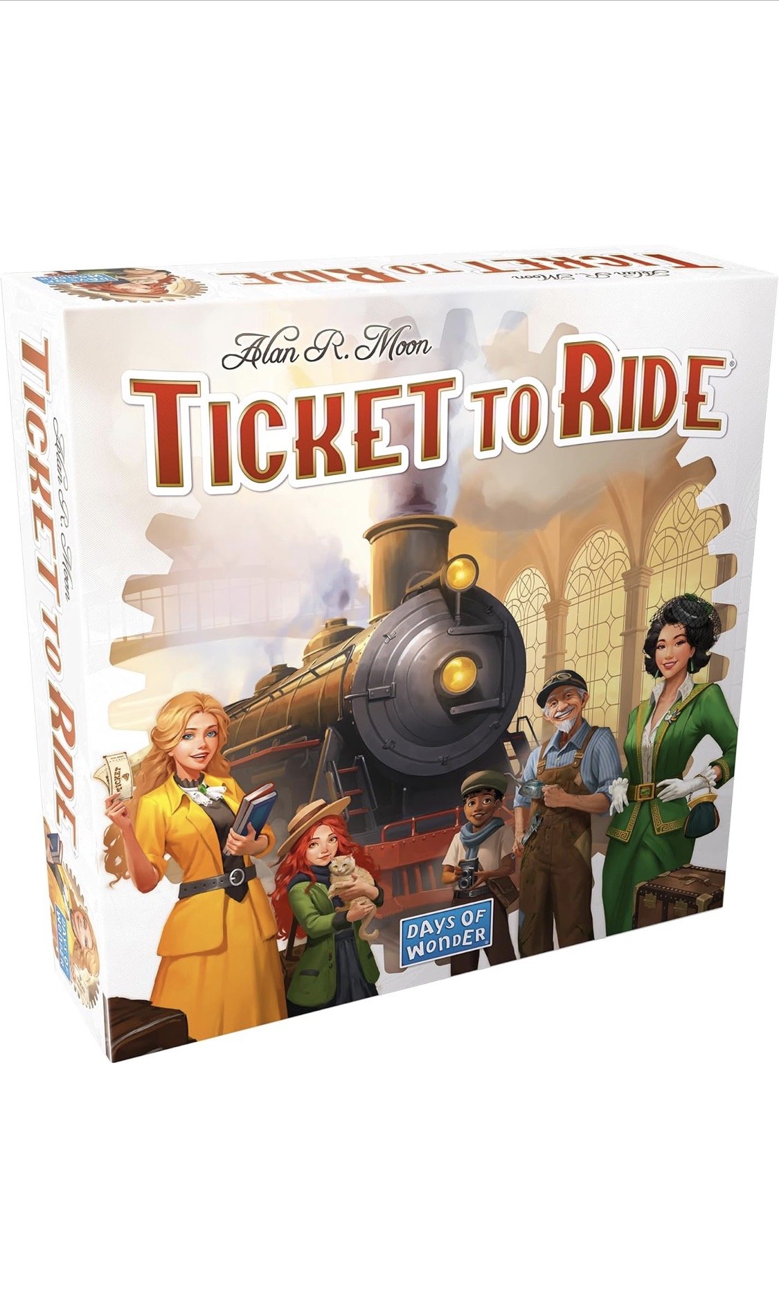 Ticket to Ride board game with train travel theme and illustrated characters