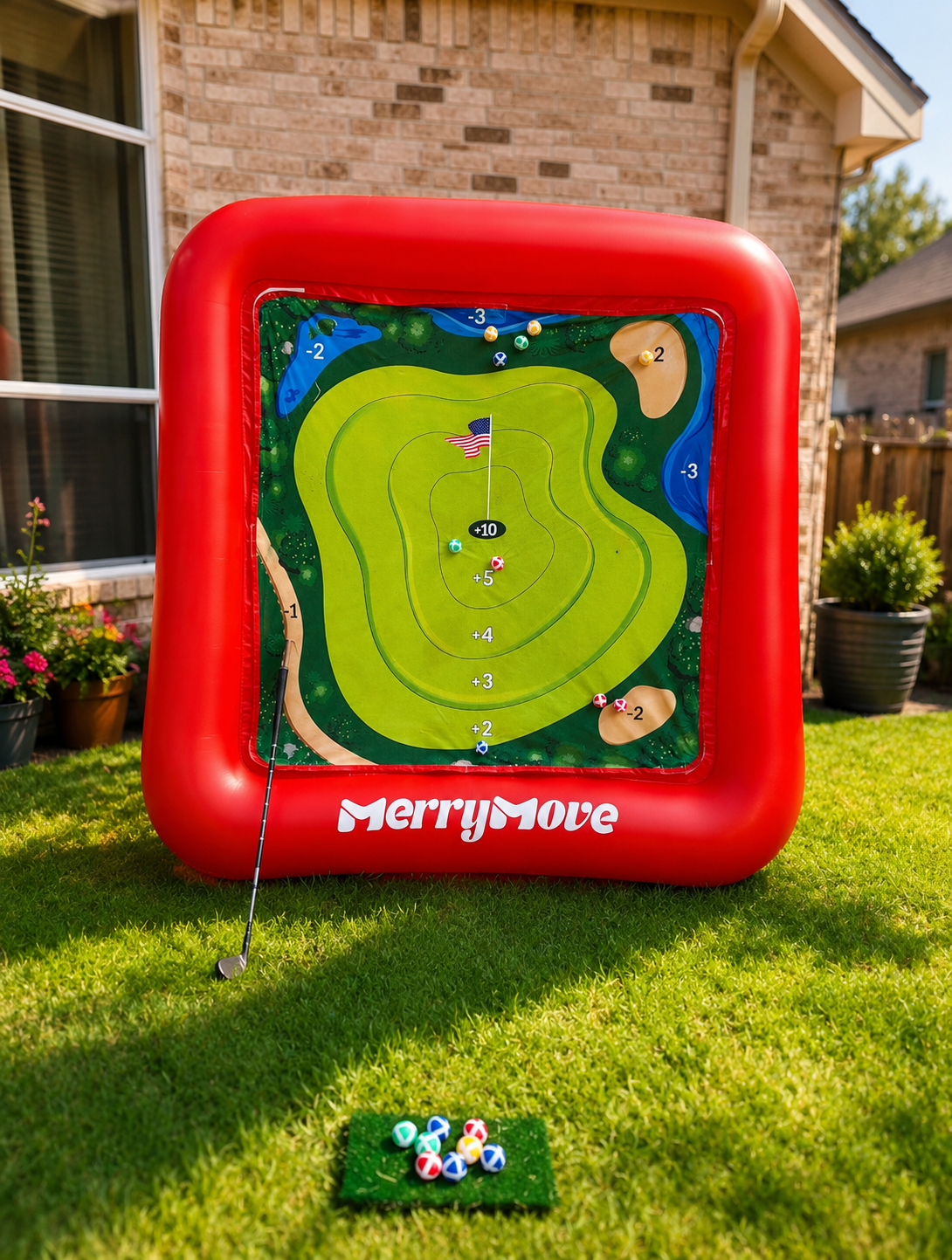 Giant inflatable golf dart board game with oversized Velcro dartboard target and golf chipping mat for parties and events.