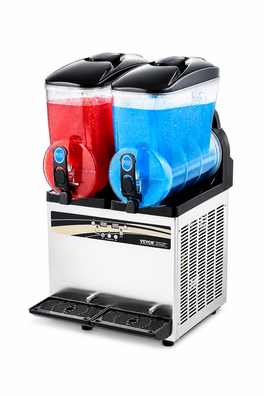 Commercial single-tank slushy machine with red frozen drink, stainless steel base and push-style dispenser.