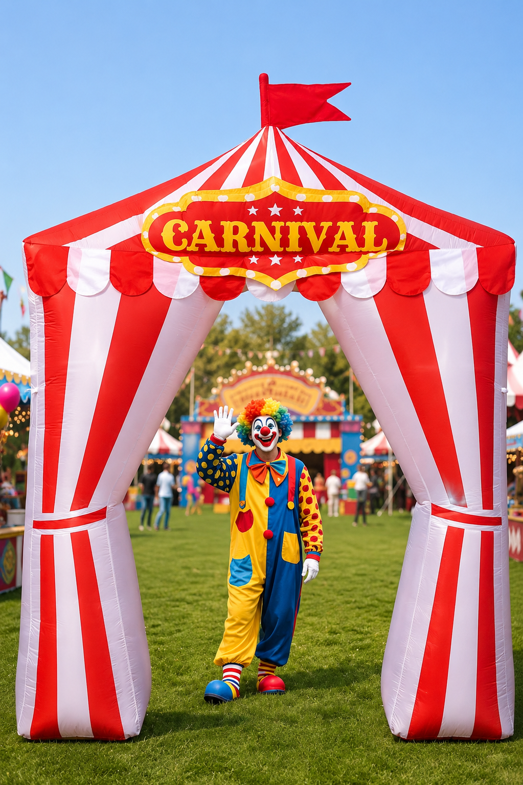 Portrait photo of a red-and-white striped inflatable carnival entrance arch with a “Carnival” marquee, featuring a smiling clown welcoming guests at a festive carnival with games, tents, and attractions in the background.