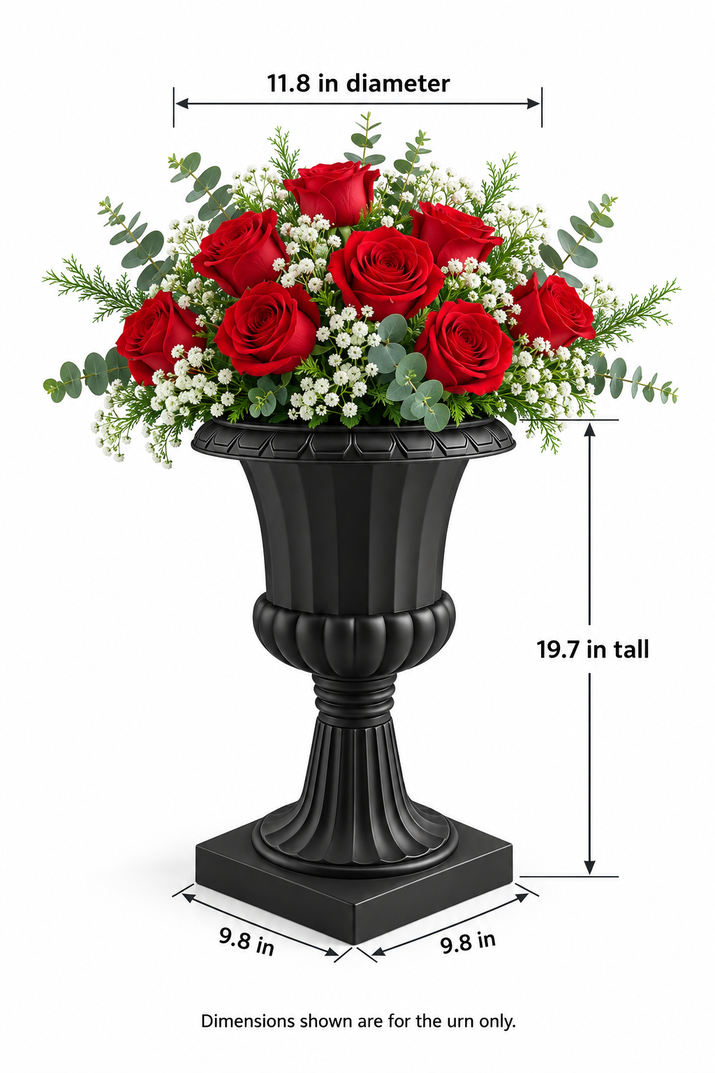Black pedestal urn filled with red roses, white baby’s breath, and greenery on a white background, with urn dimensions labeled.