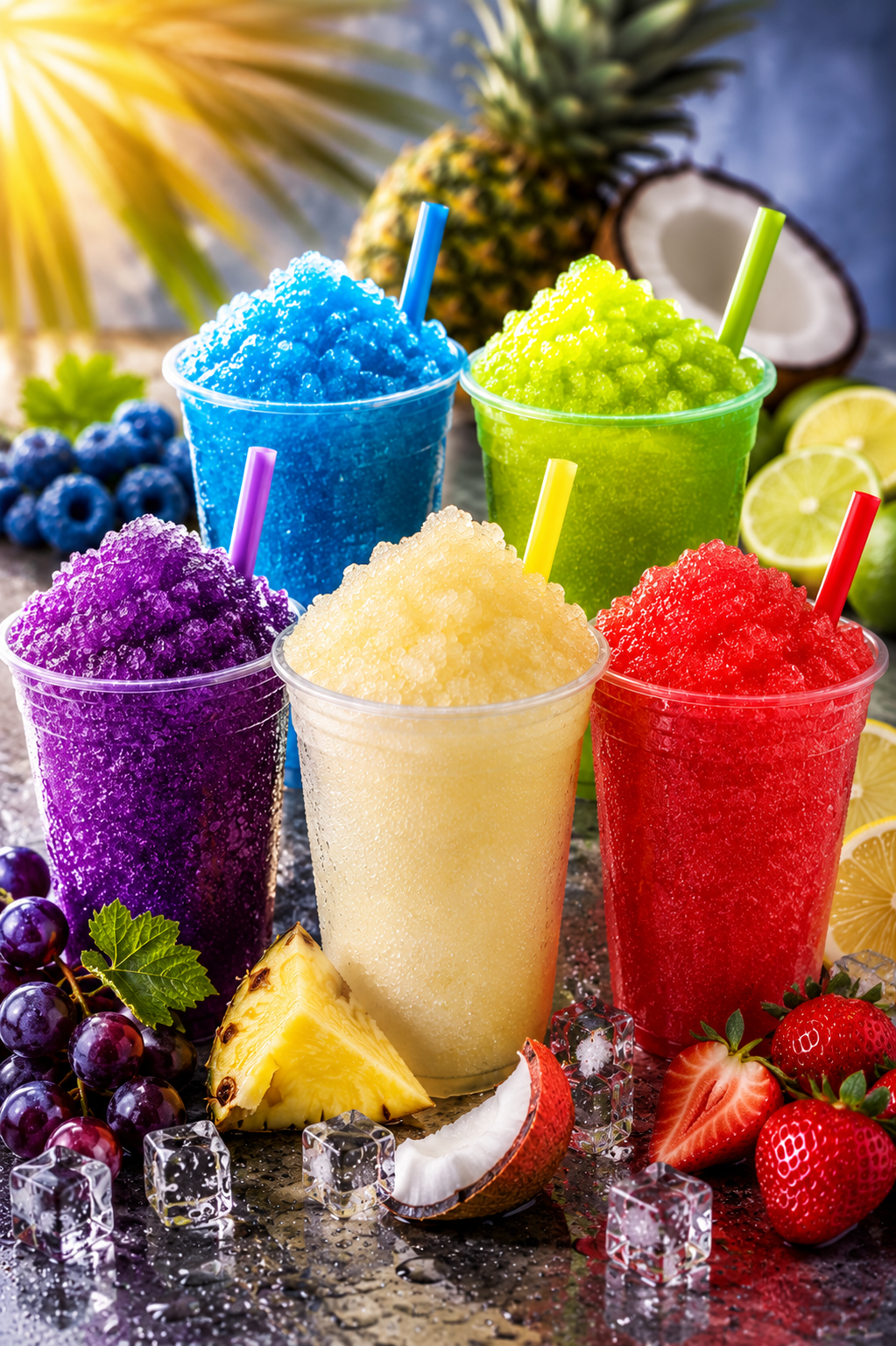Five colorful frozen slushies in clear cups—grape, blue raspberry, piña colada, lemon-lime, and strawberry—displayed with fresh fruit, ice cubes, and a tropical background for a vibrant, refreshing presentation.
