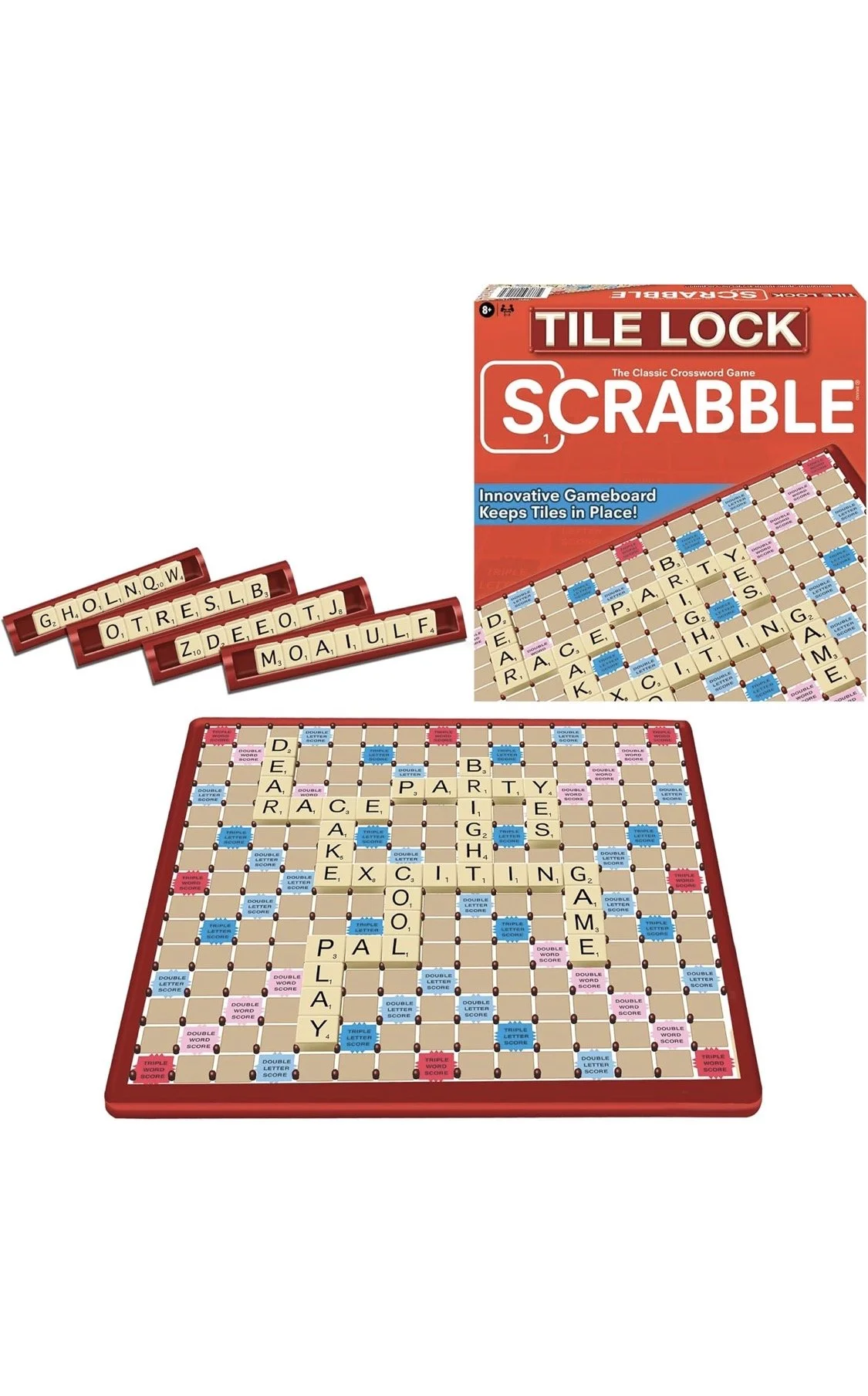Scrabble Tile Lock board game with rotating game board and letter tiles for word-building gameplay
