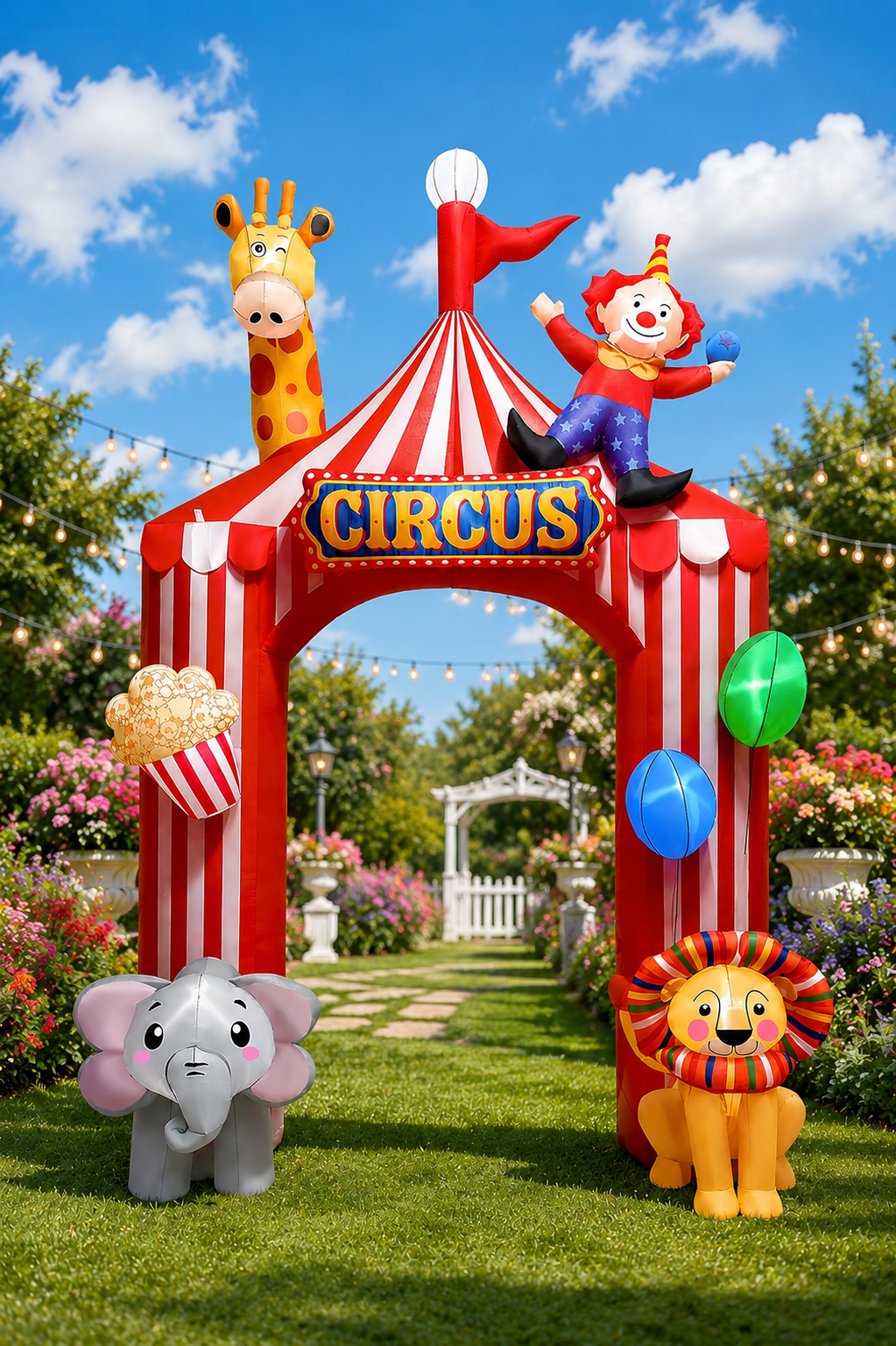 Inflatable red-and-white circus entrance arch with a giraffe and clown on top, elephant and lion at the base, and colorful balloon accents, displayed in a vibrant garden party setting for a children’s circus-themed event.