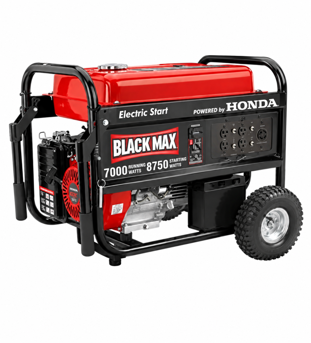 Red and black Honda-powered Black Max 7,000-watt portable generator with a steel frame, wheels, and front electrical outlets on a white background.