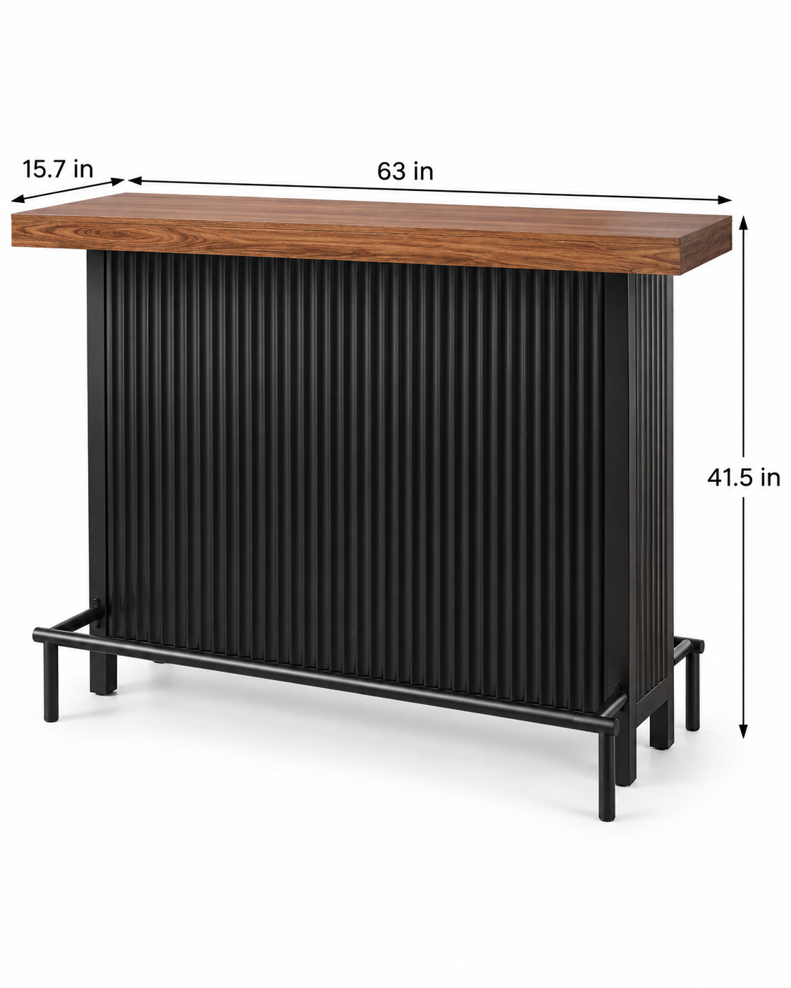 Modern black fluted event bar with a wood top, measuring 63 inches wide, 15.7 inches deep, and 41.5 inches high.