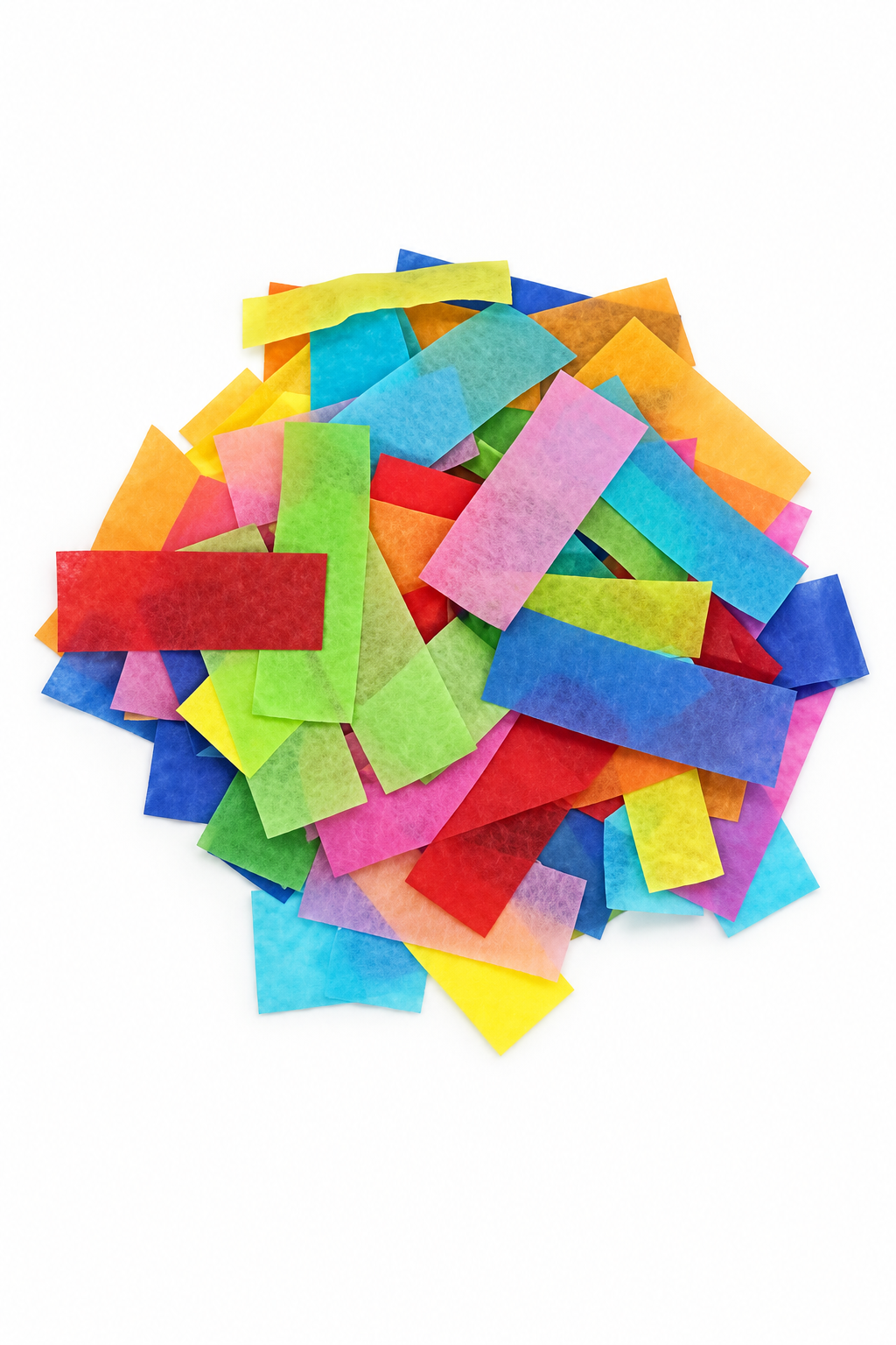 Rainbow rectangular tissue paper confetti pieces for confetti machine rentals and event celebrations.