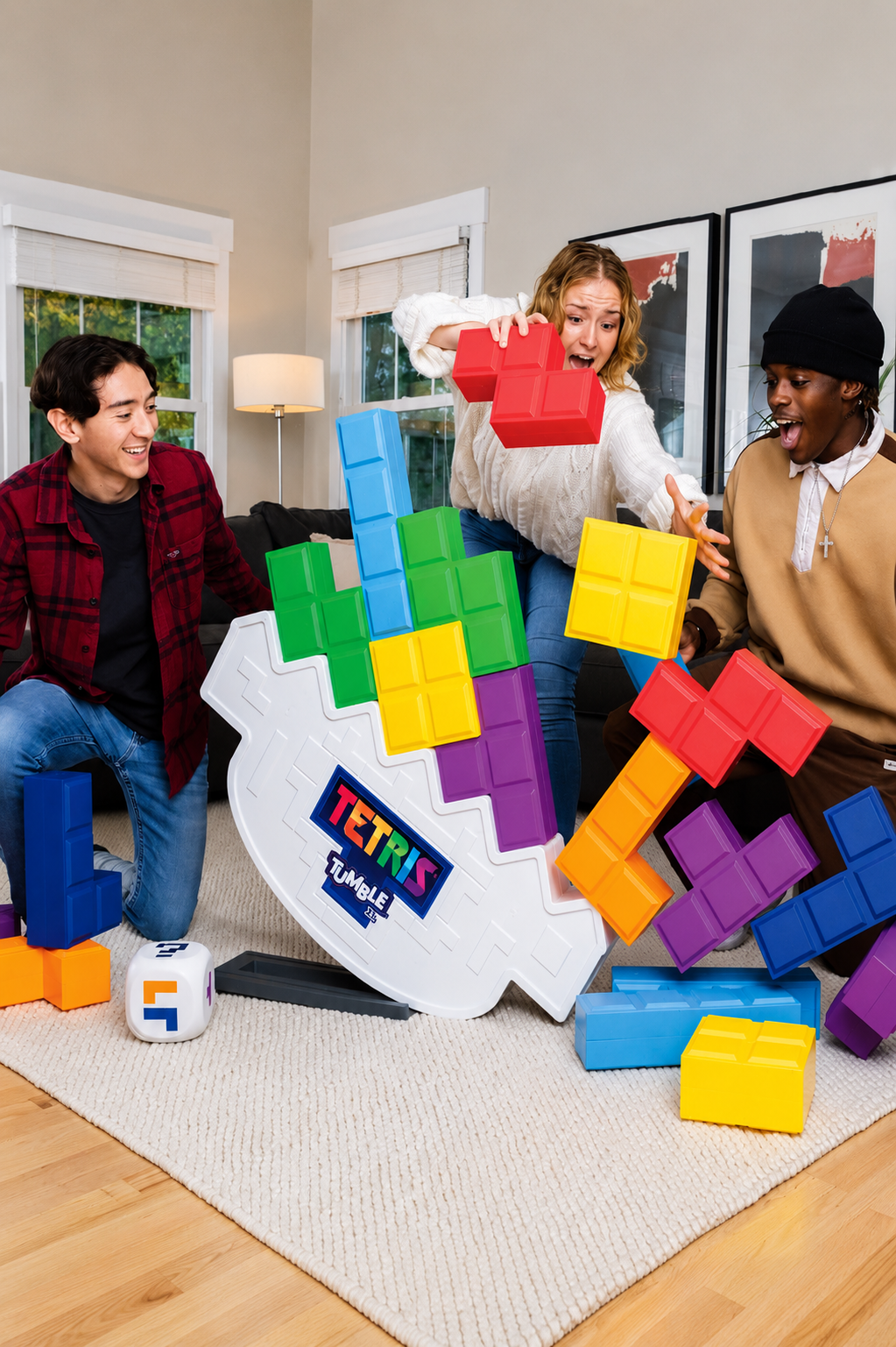 Guests playing a colorful jumbo Tetris game with oversized stacking blocks at an indoor party event.
