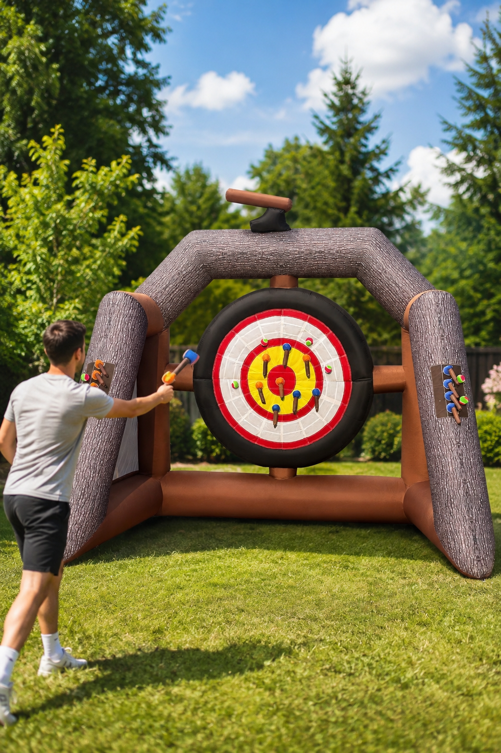 Person throwing a Velcro foam axe at a large inflatable axe throwing game set up outdoors on a grassy lawn.