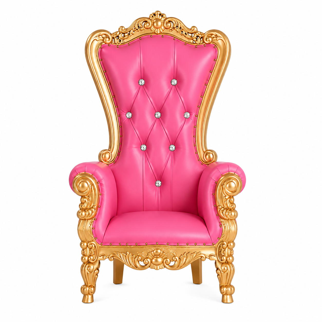 Elegant hot pink and gold throne chair with crystal-tufted upholstery and an ornate carved gold frame, perfect for weddings, baby showers, birthdays, quinceañeras, and luxury events in Portland, Oregon.
