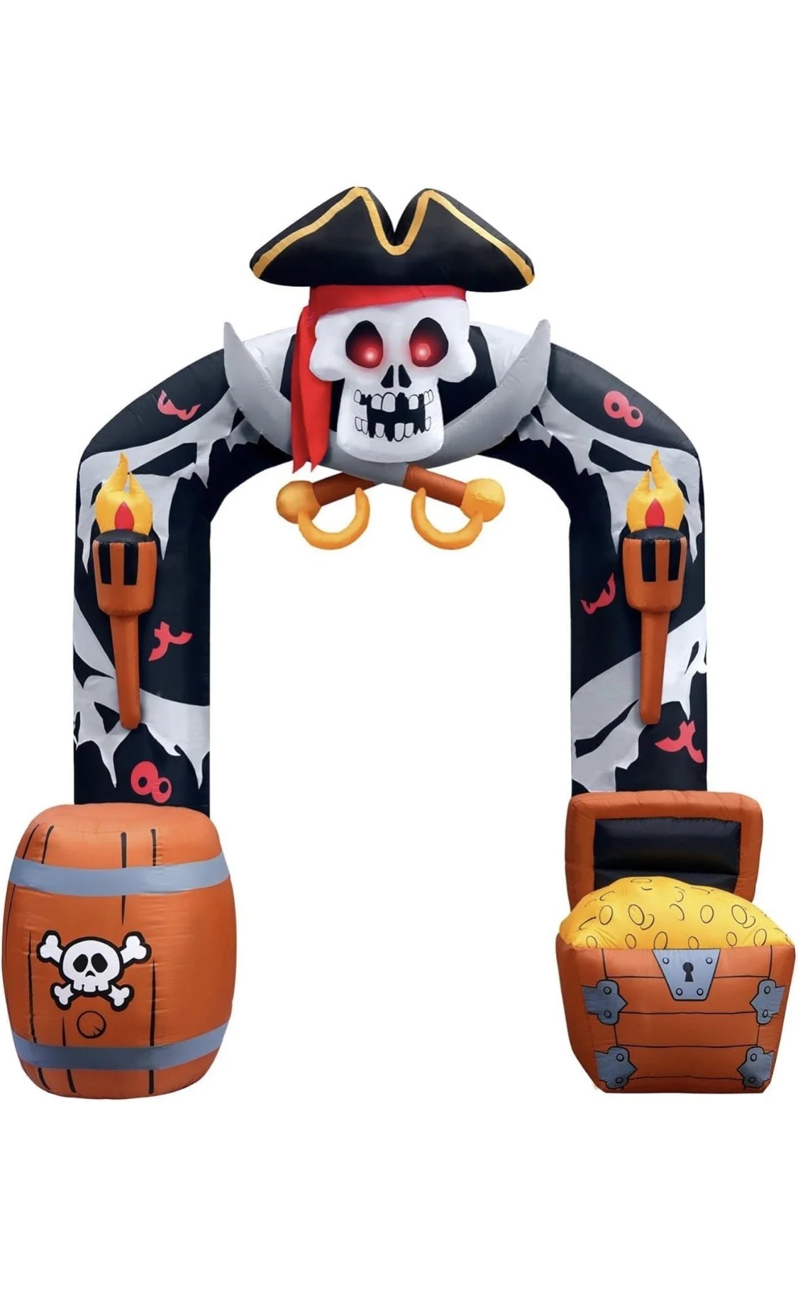 Inflatable pirate-themed entrance arch featuring a pirate skull with glowing red eyes, crossed swords, treasure chest, barrel, flaming torches, and pirate hook decorations, creating a fun entrance for pirate-themed birthday parties and events.