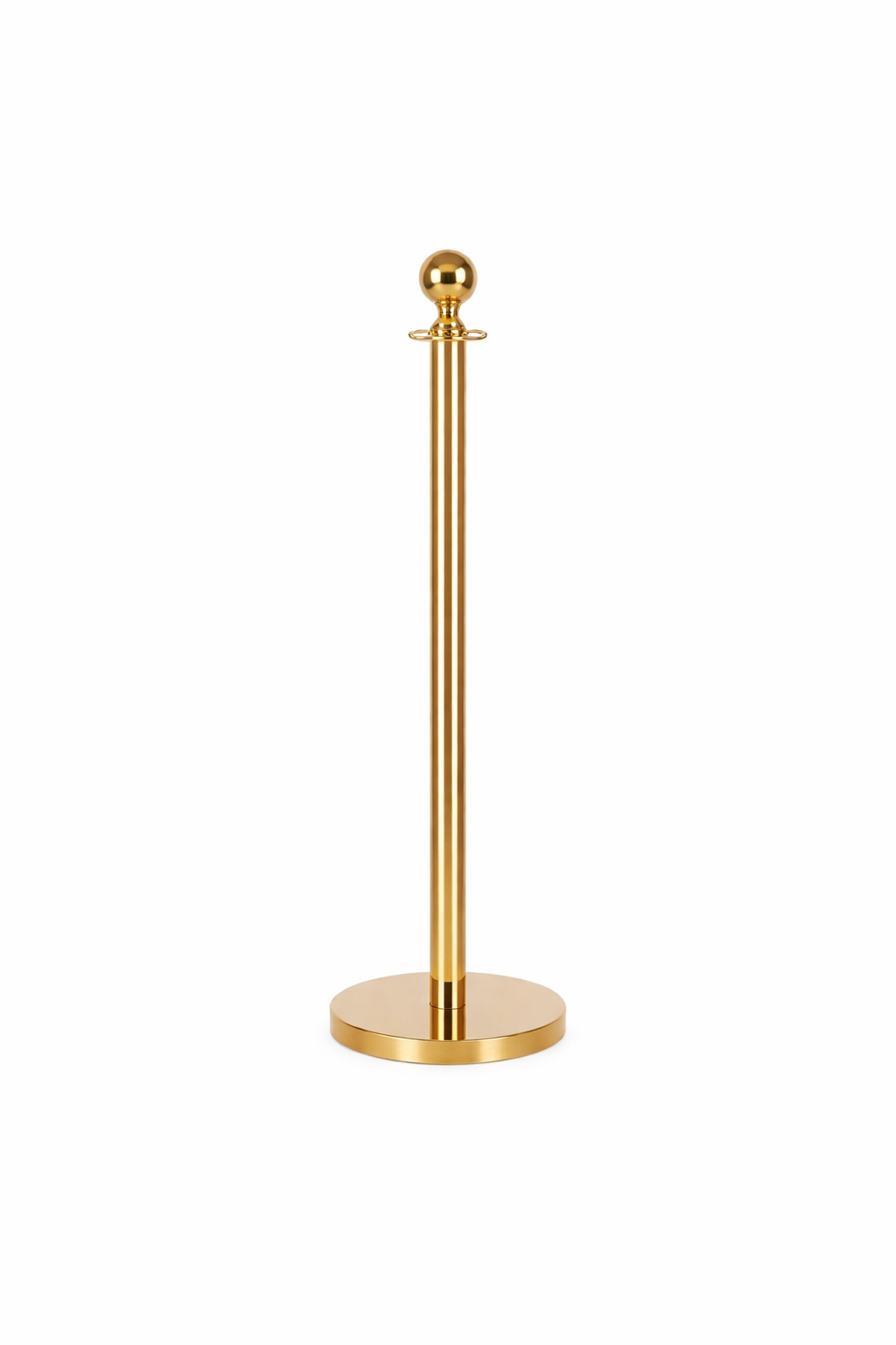 Single gold stanchion pole with round base and ball top, isolated on a clean white background—ideal for crowd control, red carpet events, and upscale venue setups.