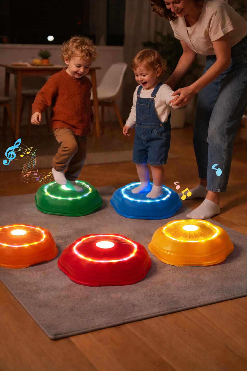 kids playing on light-up musical stepping stones with colorful lights, interactive game for parties and events in Portland Oregon