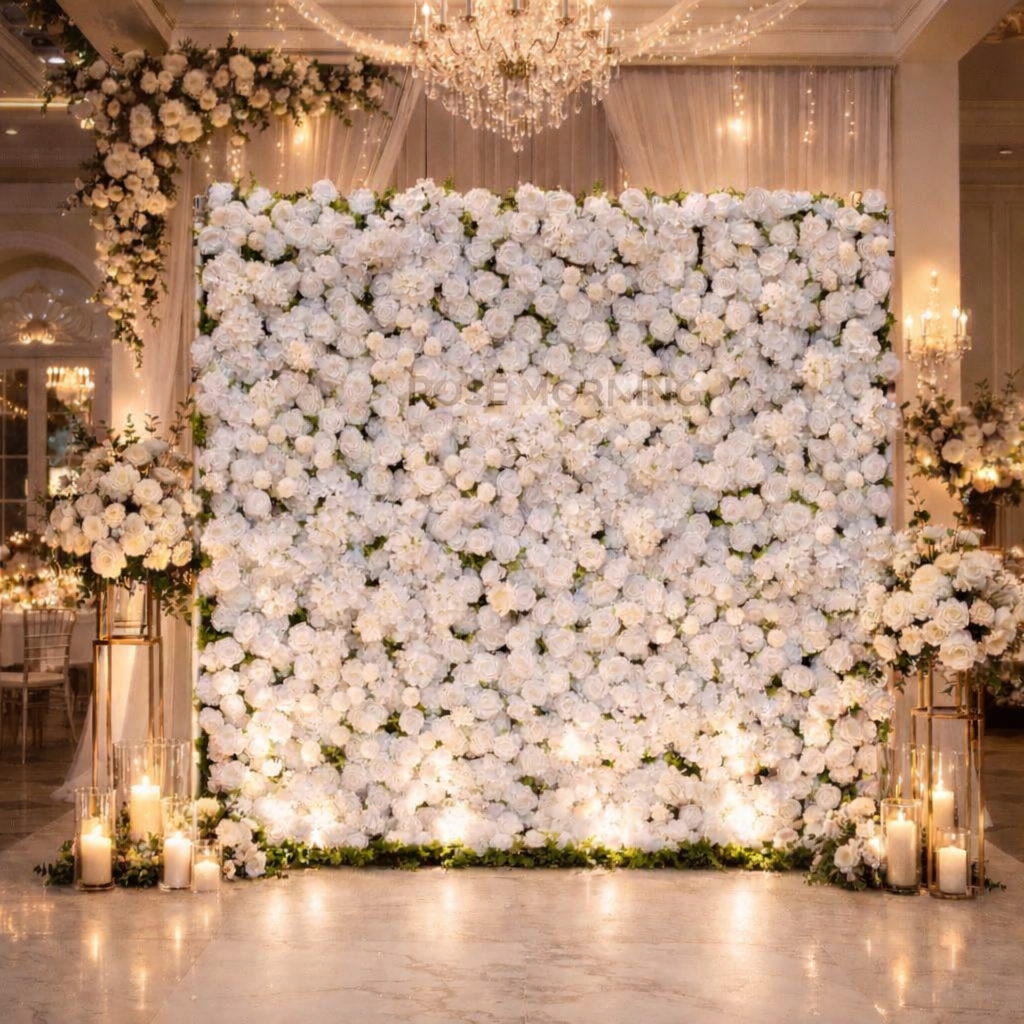 Elegant white rose flower wall backdrop with warm uplighting, surrounded by gold stands, candle clusters, and soft draped fabric beneath a crystal chandelier — a romantic luxury wedding photo backdrop.