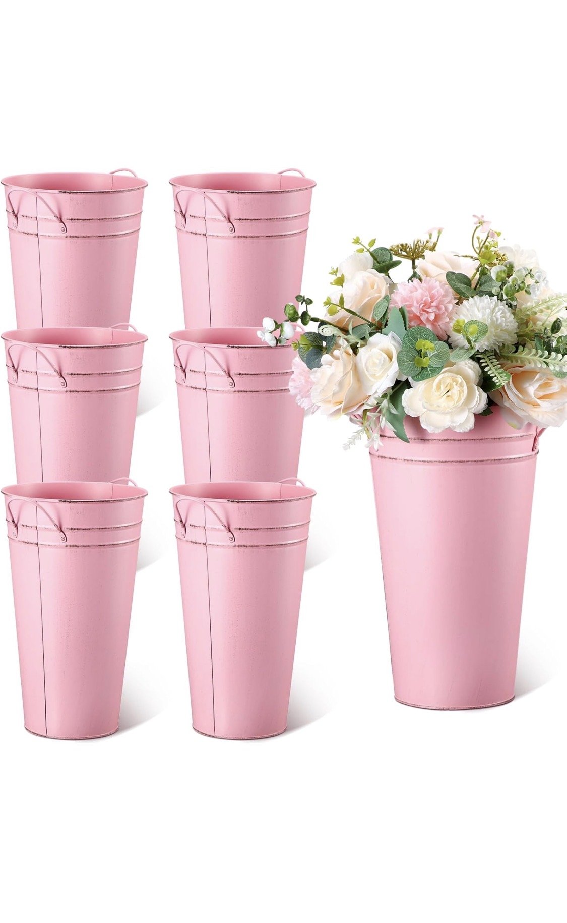 Set of pink galvanized metal flower buckets with handles, perfect for floral arrangements, wedding decor, flower bars, and event centerpieces.