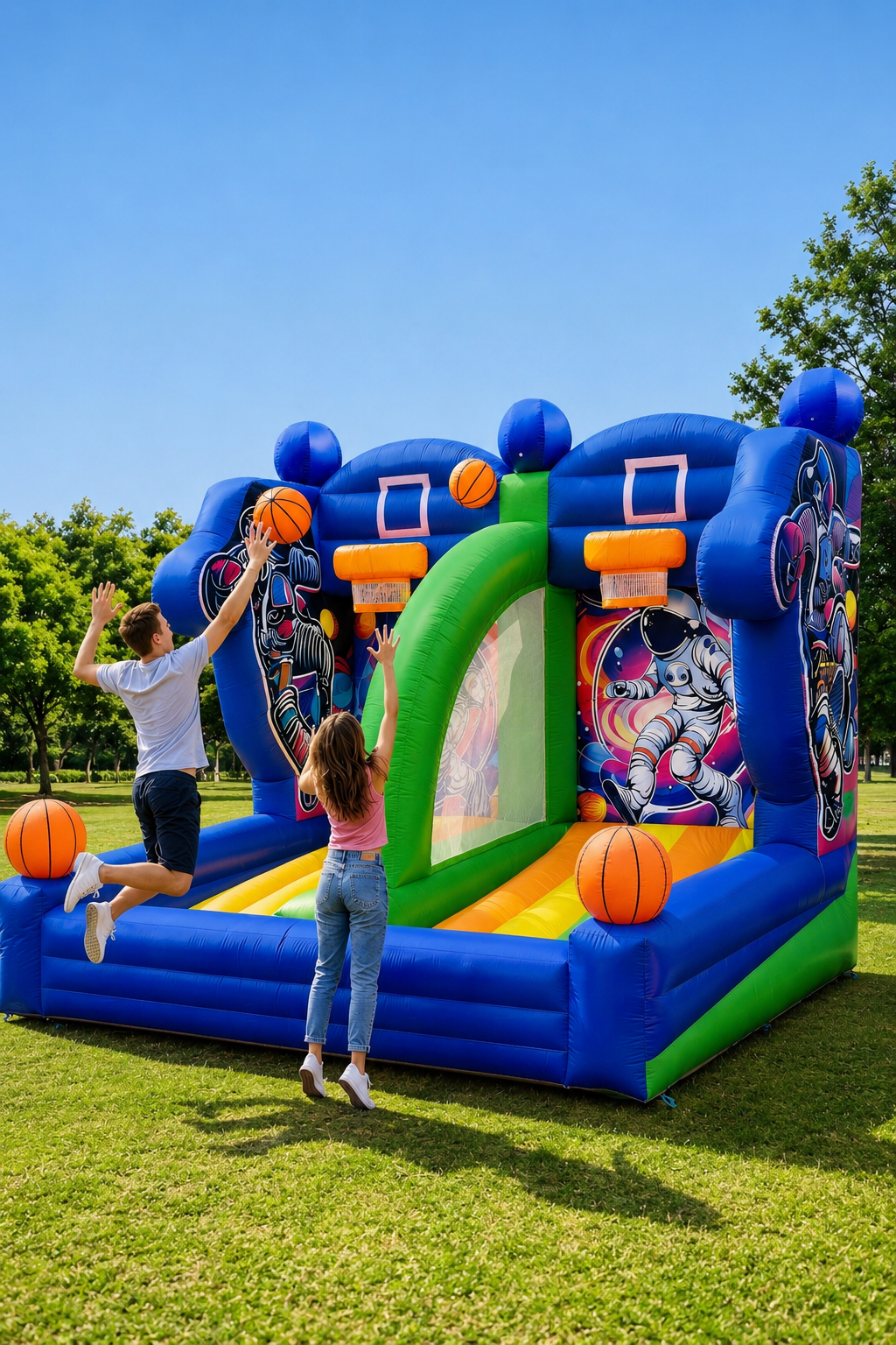 Rent our basketball bounce house in Portland, Oregon! Perfect for birthdays, school events, churches, and corporate parties. Delivery available throughout the Portland metro.