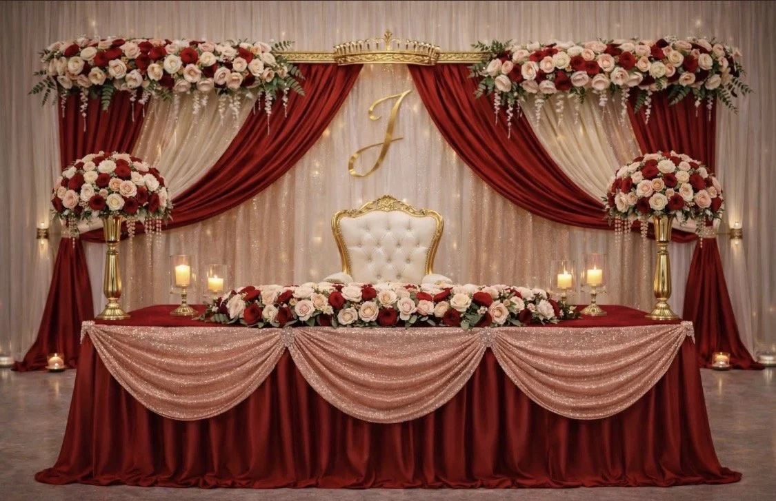 Elegant sweetheart table with red and blush florals, gold throne chair, draped backdrop, candlelight accents, and romantic wedding reception decor