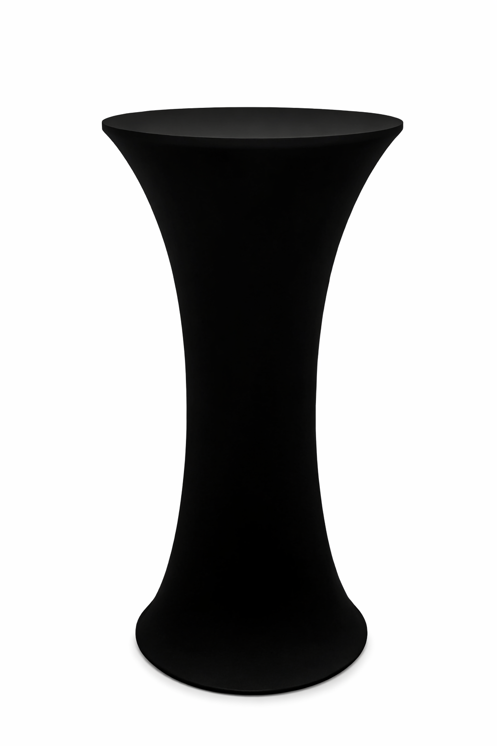 Black stretch cocktail table with a fitted spandex cover, shown in a clean portrait format against a plain white background, creating a sleek and modern event display look.