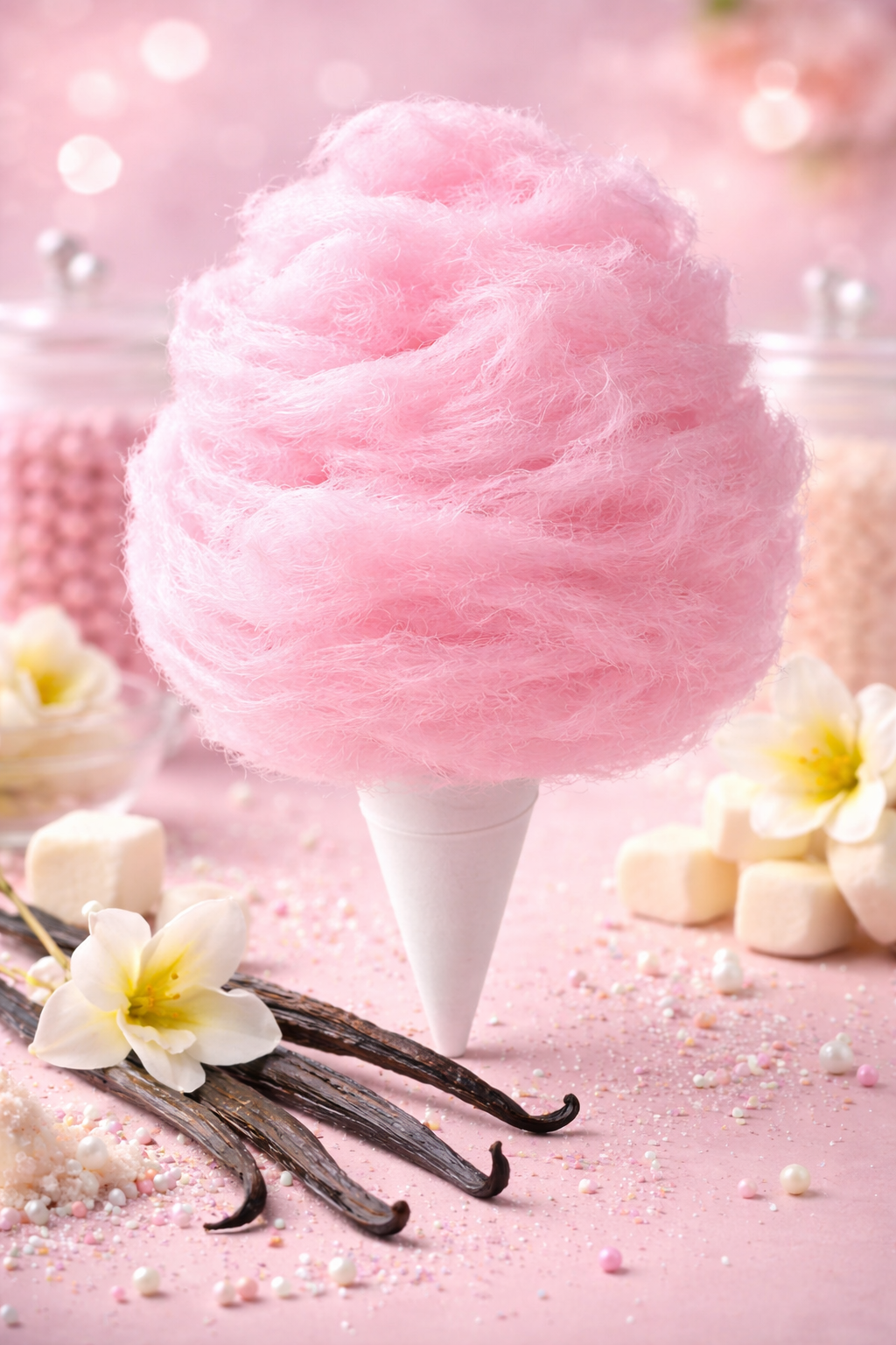 Pink vanilla cotton candy on a cone with vanilla beans and marshmallows, elegant dessert table treat