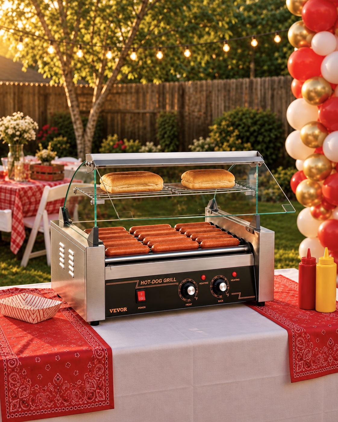 Hot dog roller grill with hot dogs and buns displayed at an outdoor party with red, white and gold decorations.