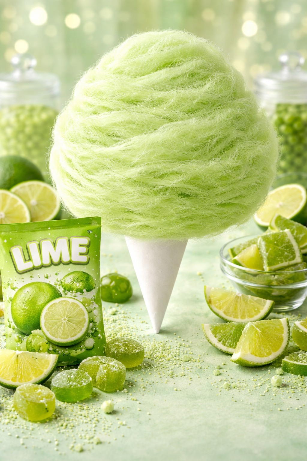 Fluffy lime cotton candy on a cone surrounded by fresh lime slices and green candy, perfect for event dessert displays