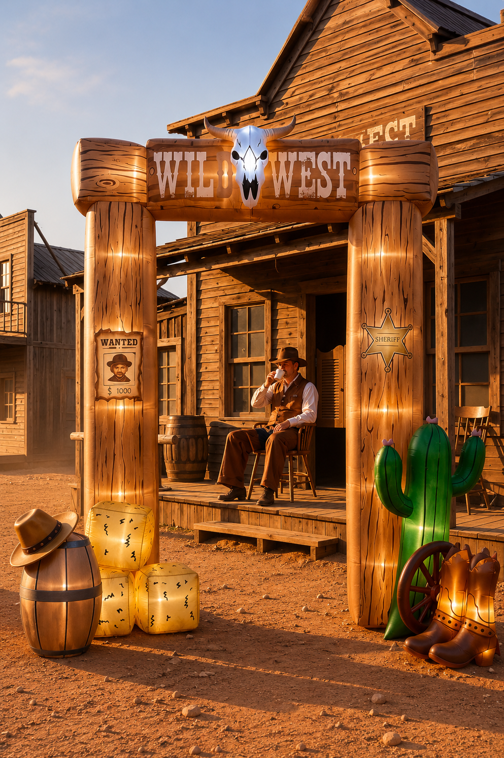 Inflatable Wild West entrance arch with a longhorn skull, wood-look posts, sheriff badge, cactus, cowboy boots, hay bales, and barrel, displayed in front of an Old West town in a portrait photo.