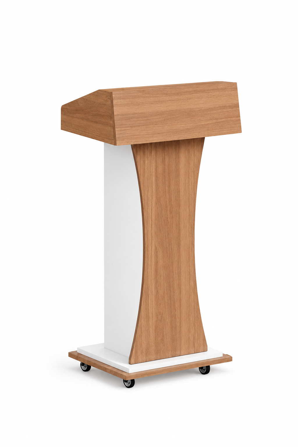 Modern oak wood podium with white side panels and rolling casters, featuring a sleek curved design for speeches, presentations, weddings, and corporate events.