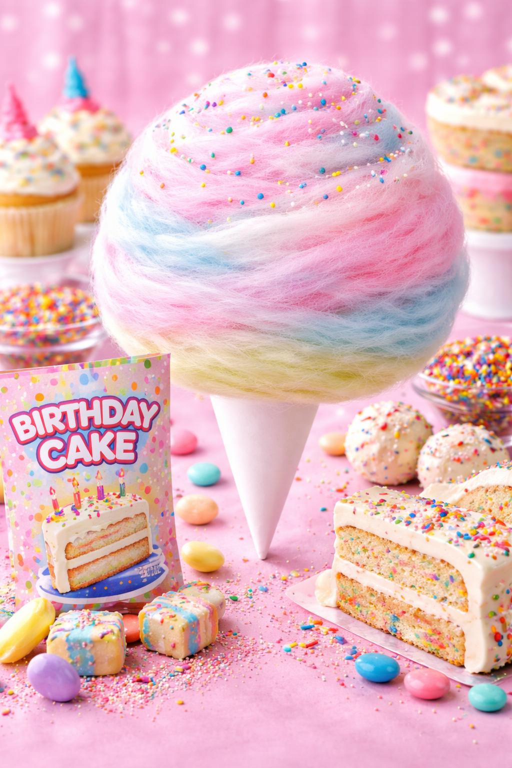 Colorful birthday cake cotton candy with rainbow sprinkles on a cone, styled with cake slices and party desserts