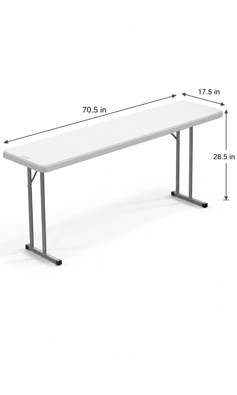 Slim white folding event table with metal legs, measuring 70.5 inches long, 17.5 inches wide, and 28.5 inches high.