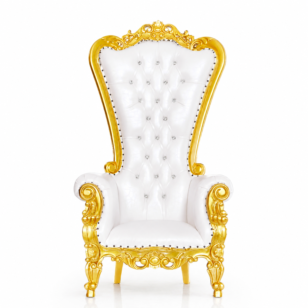 Elegant white and gold throne chair with crystal-tufted upholstery and an ornate carved gold frame, perfect for weddings, baby showers, birthdays, quinceañeras, and luxury events in Portland, Oregon.