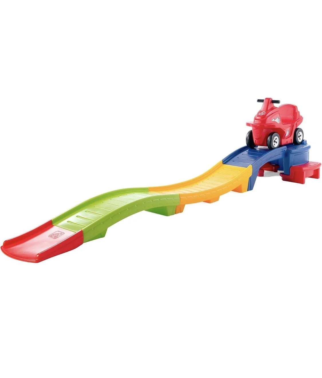 Colorful Step2 toddler ride-on roller coaster with a red push car, elevated blue platform, and green, yellow, and red track, designed for children ages 2–5.