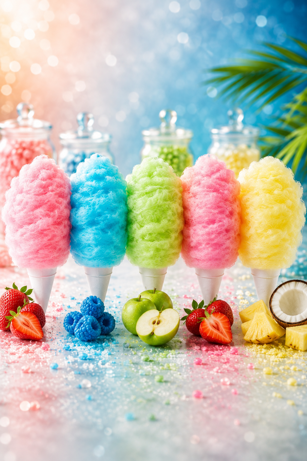 Five colorful cotton candy cones in strawberry, blue raspberry, green apple, strawberry, and piña colada flavors displayed with fresh fruit on a bright, festive background.