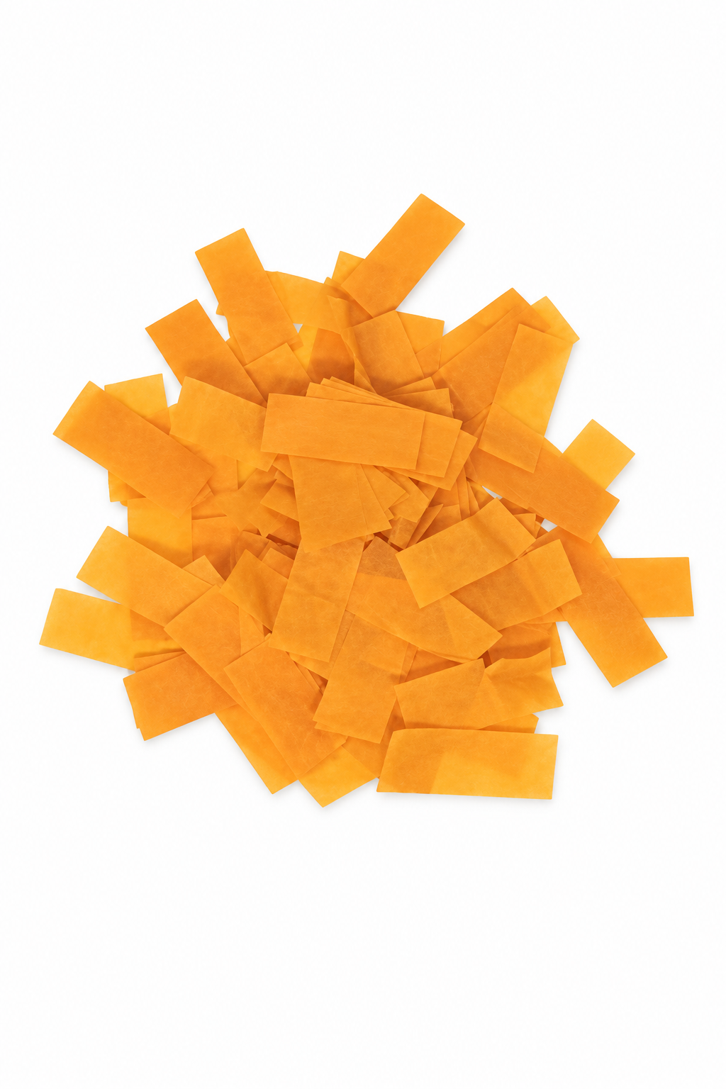 Orange rectangular tissue paper confetti pieces for confetti machine rentals and event celebrations.